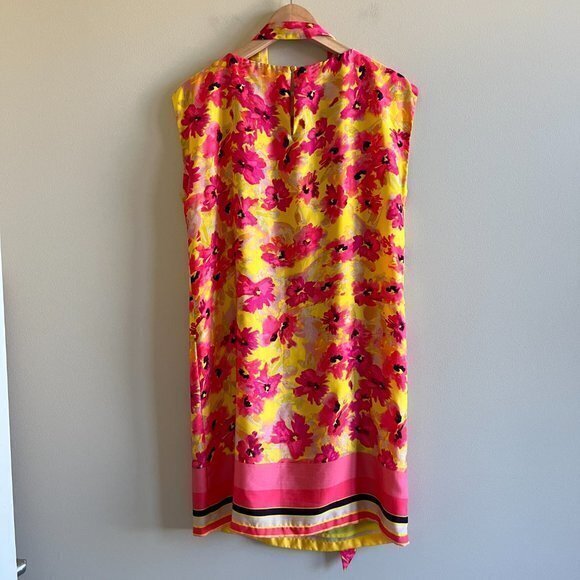 LOFT SILKY SZ 6 BRIGHT PINK YELLOW FLORAL SHEATH DRESS SUNDRESS~WAIST TIE~LINED - Picture 5 of 9